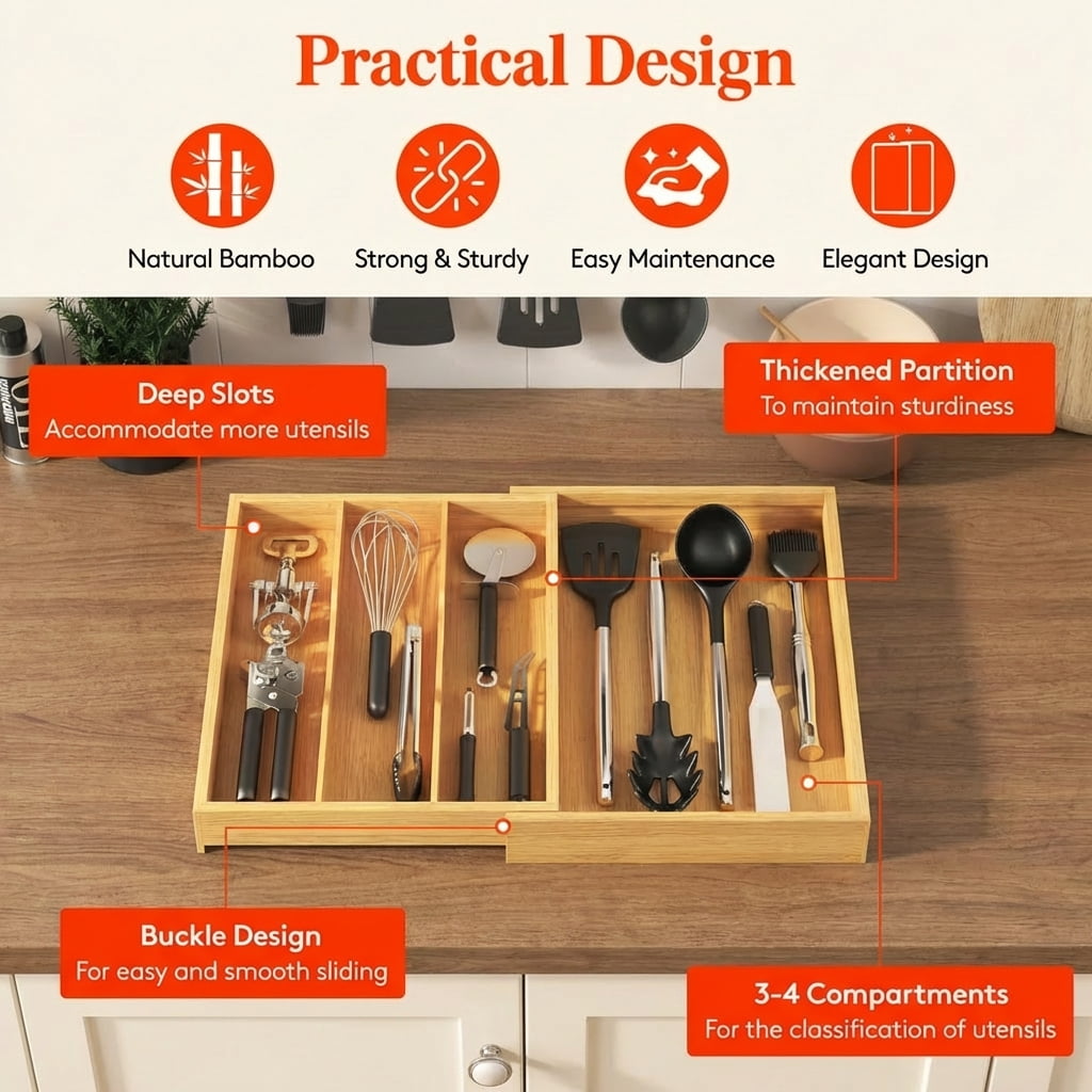Luncia Expandable Bamboo Utensil Organizer Tray – Adjustable Cutlery & Flatware Holder for Kitchen Drawer, 11.9–21.7 x 15.75"
