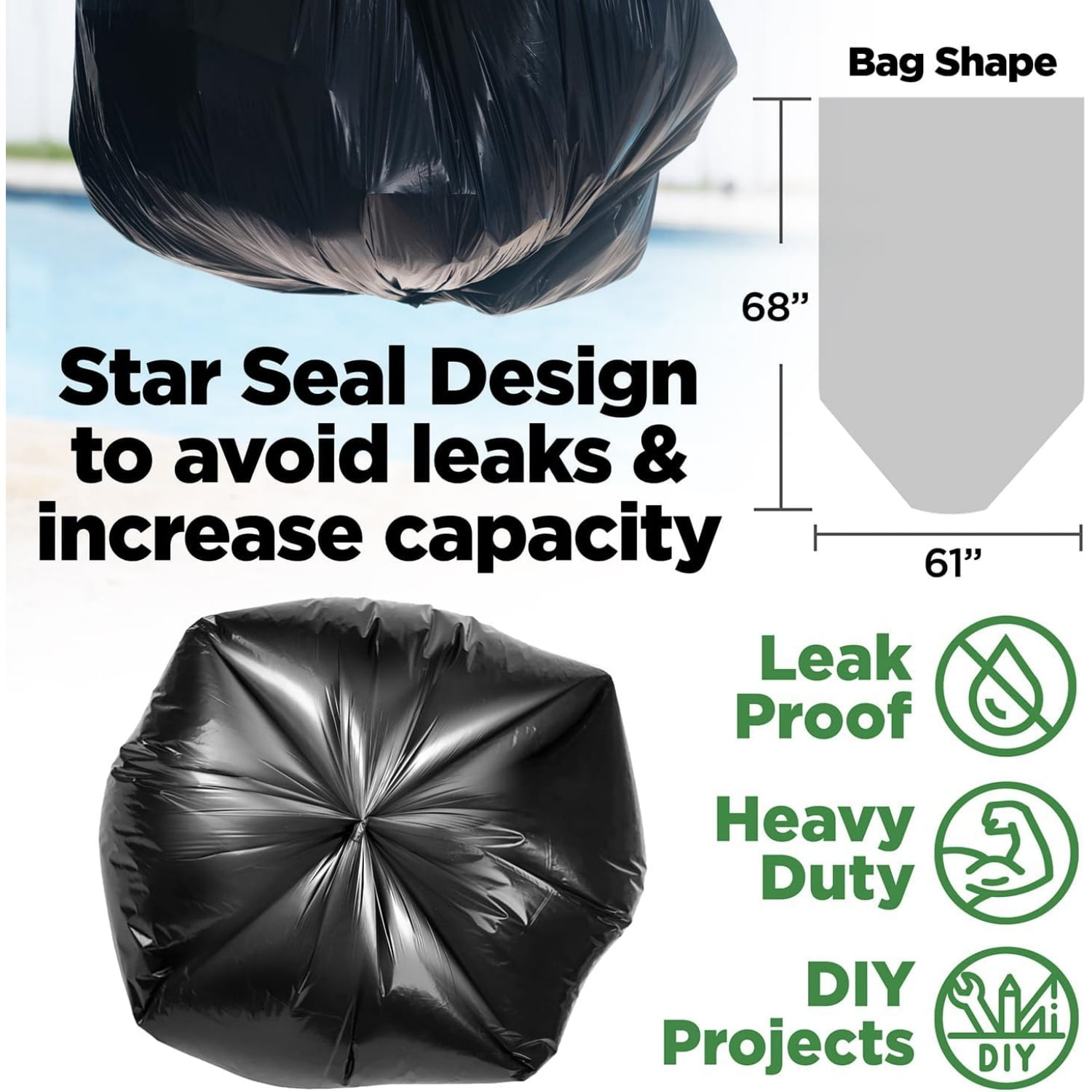 Gallon Trash Bags Heavy Duty, Black Garbage Bags (50 COUNT) Extra Large 90, 95, 96, 100 Gallon Can Liners