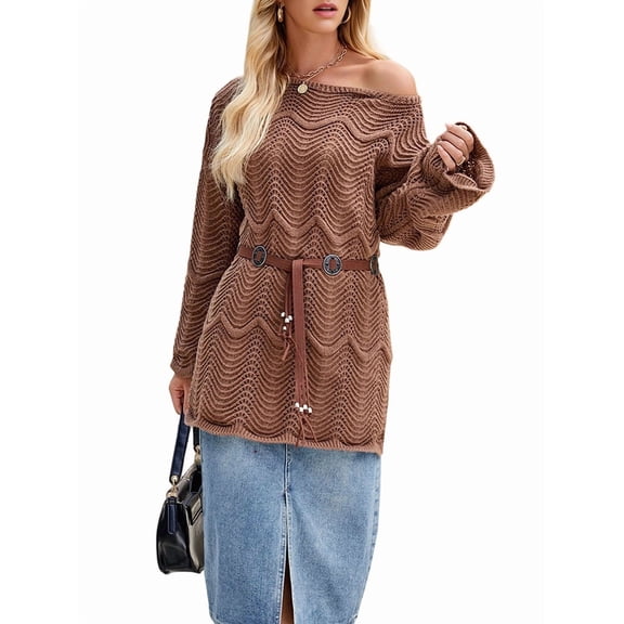 Women Shirts Knit Off-Shoulder Sweater Long Sleeve Crochet Hollow Out Boho Chic Pullover Brown L