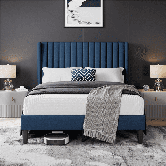 Renwick Upholstered Full Size Platform Bed Frame with Wood Slat Support, Navy Blue, Adult