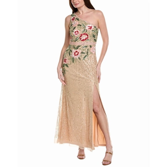 Adrianna Papell womens  One-Shoulder Floral Sequin Bead Gown, 16, Brown