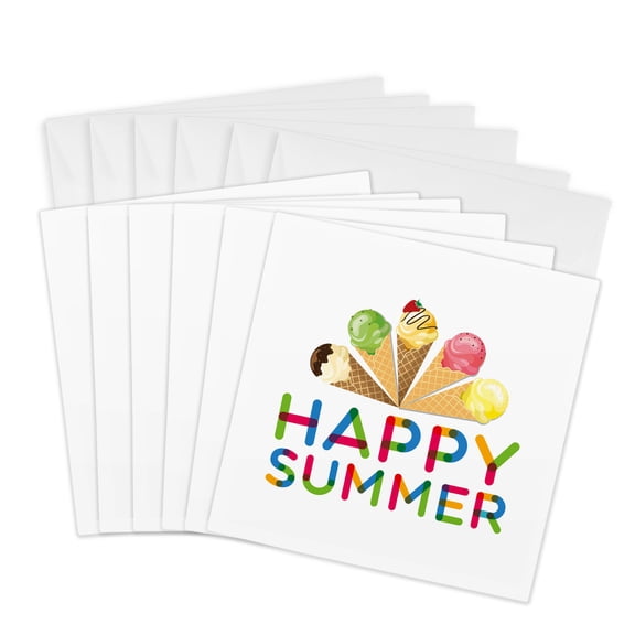 3drose, Happy Summer Colorful Text and a Crown of Five Yummy Ice Cream Treats, 6 Greeting Cards with Envelopes
