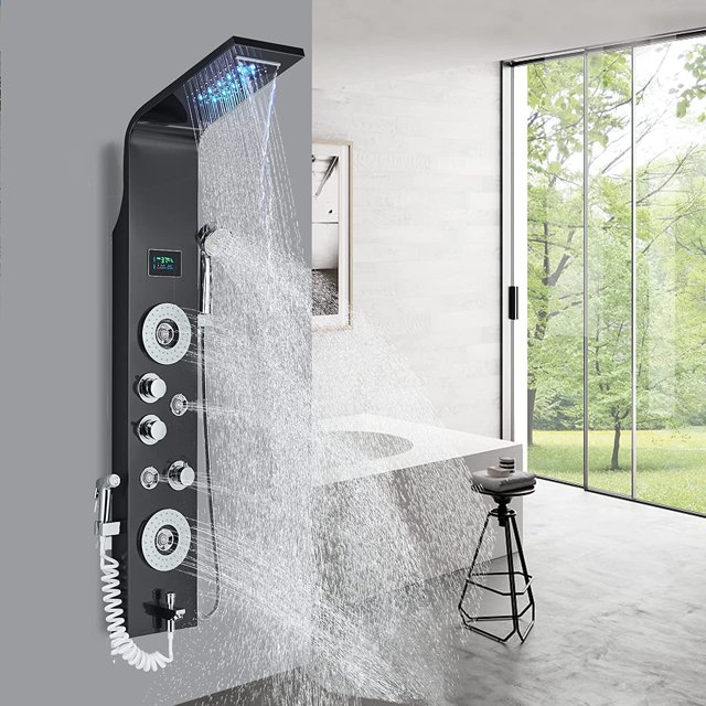 Shower Panel Tower System, LED Rainfall Waterfall Shower Head Shower Panel System Massage Jets, Stainless Steel Bathroom Shower Faucet with Bidet Black