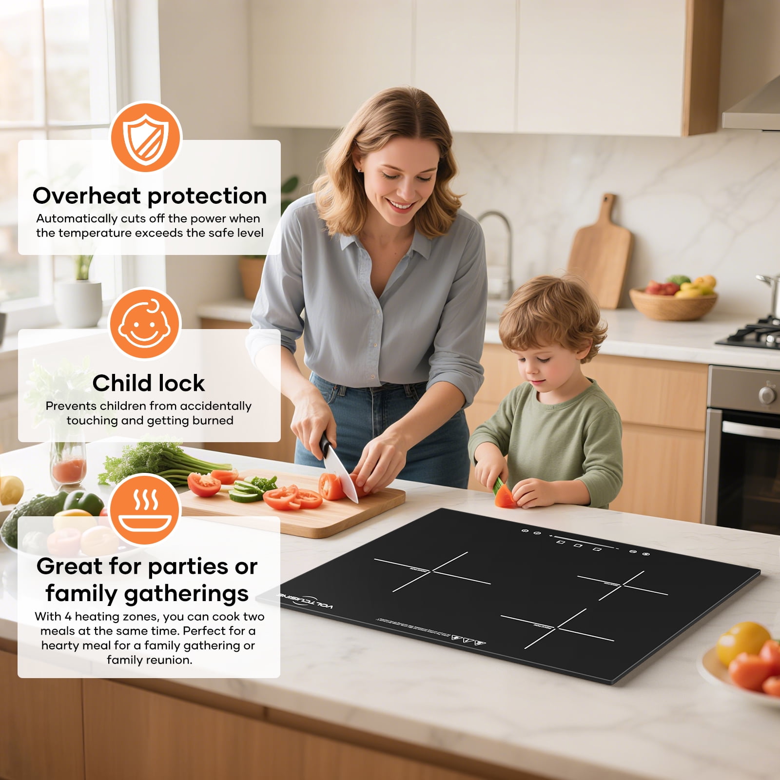 VoltCuisine Induction Cooktop 3 Burner, Shatter-proof Flat Glass Top, 9 Heat Settings, LED Touch Display with Child Safety Lock & Overheat Protection