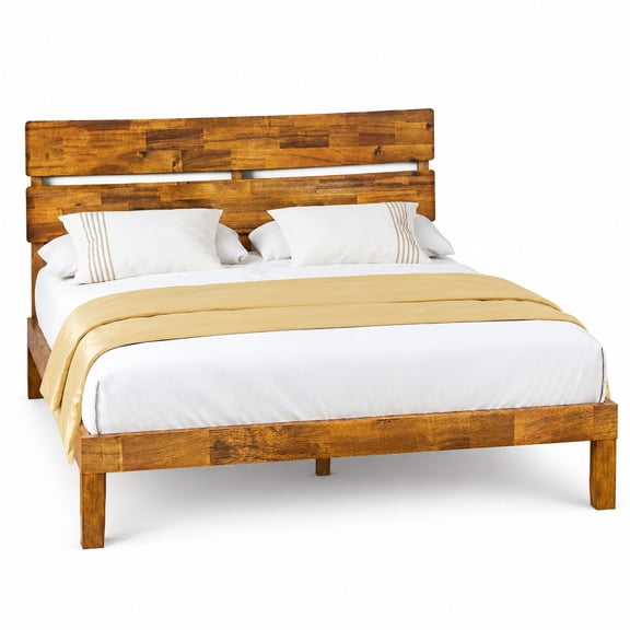 Queen Size Wooden Platform Bed Frame with Headboard, Solid Acacia Wood Foundation with Wooden Slat Support, No Box Spring Needed