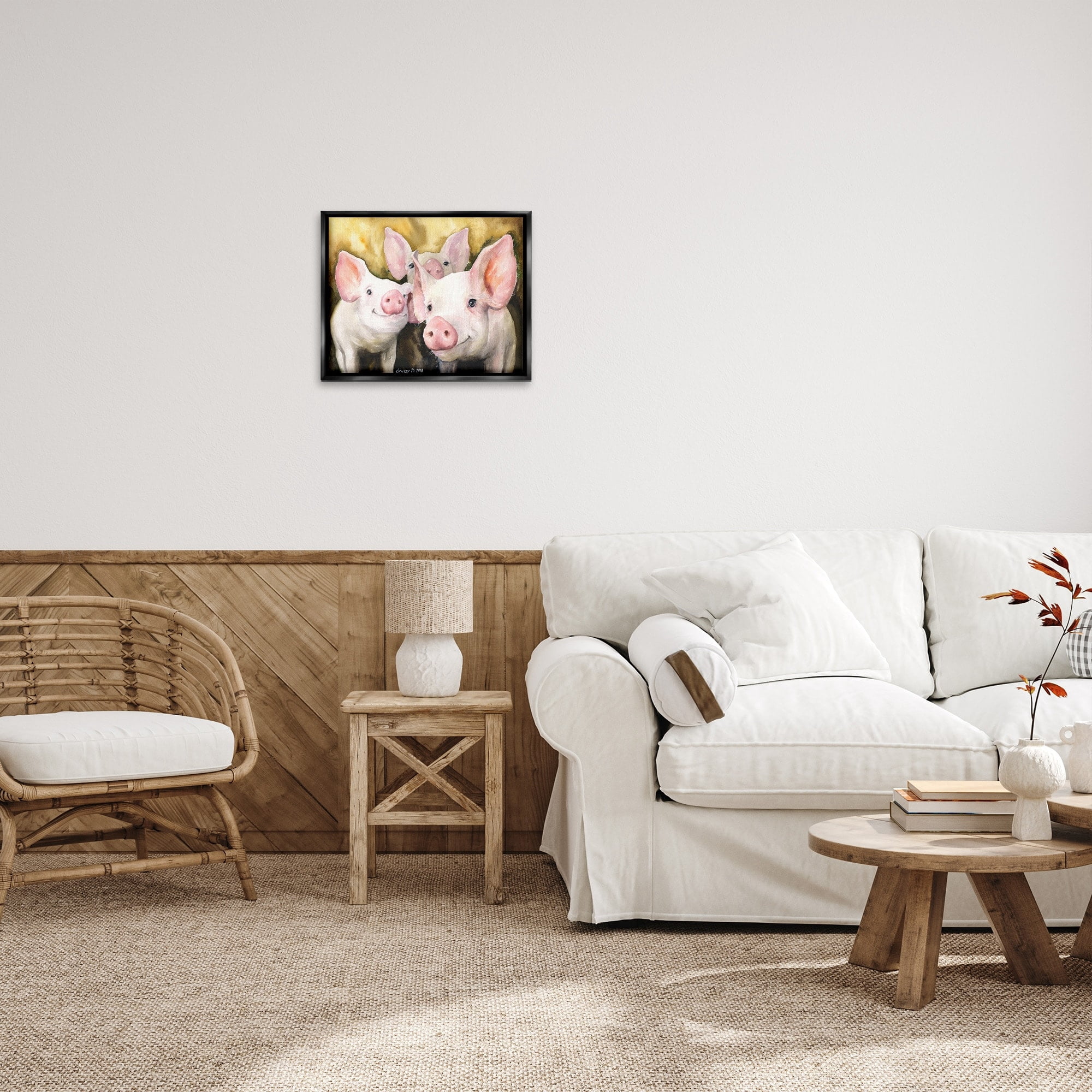 Stupell Industries Baby Pigs Animal Yellow Watercolor Painting Jet Black Framed Floating Canvas Wall Art, 16x20, by George Dyachenko