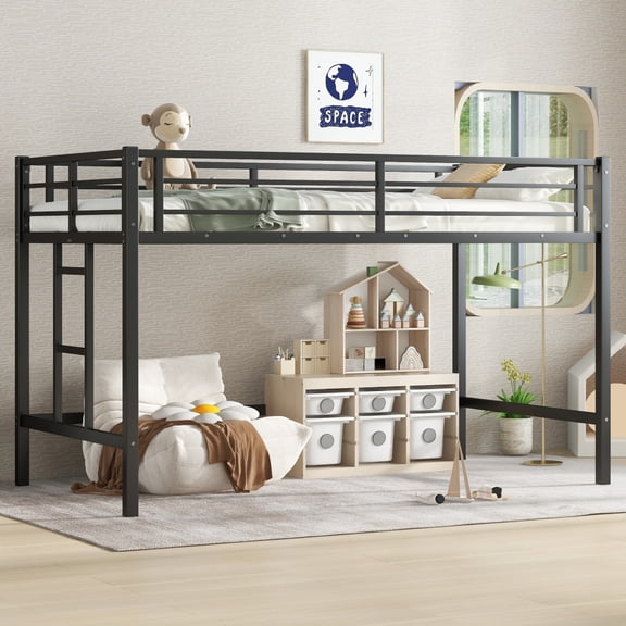 Twin Size Metal Loft Bed, Loft Bed with Easy Climbing Ladder and Guardrails , Black