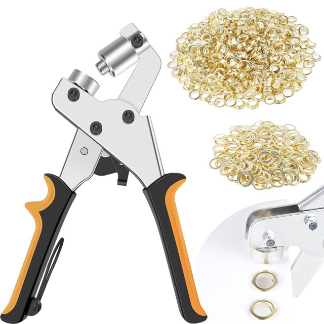 Muyoka Kit de herramientas de ojal Alicates de perforación manual de acero de alto carbono Máquina de prensa de ojal ergonómico antideslizante con 500 piezas Ojales de 10-11 mm para cartulina de lona Muyoka Hogar