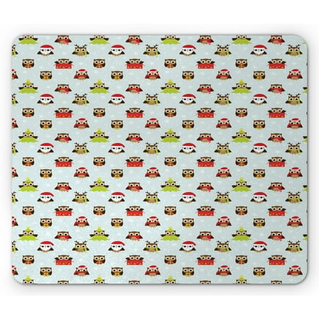 Owls Mouse Pad, Christmas Theme with Celebration Santa Claus Pine Tree Owls with Presents, Rectangle Non-Slip Rubber Mousepad, Multicolor, by