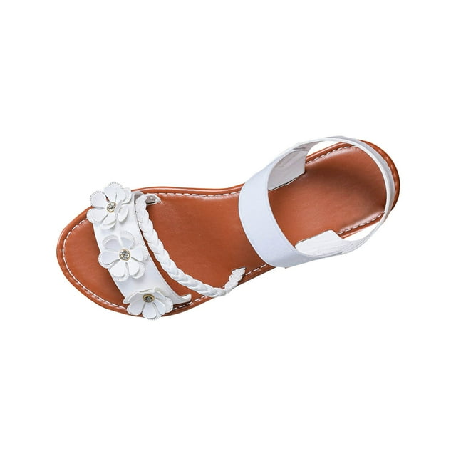 Flat Sandals for Women Elastic Strap Weave Strap Flower Decor Open Toe Non Slip Beach Roman Sandals White