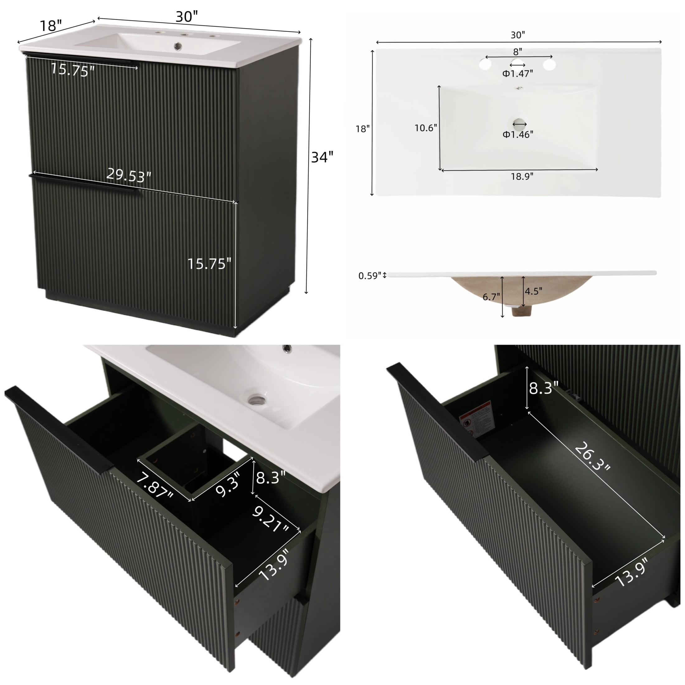 Christopher Knight Home 30" Bathroom Vanity with Ceramic Sink and Soft Close Drawers, Fluted Design, Green