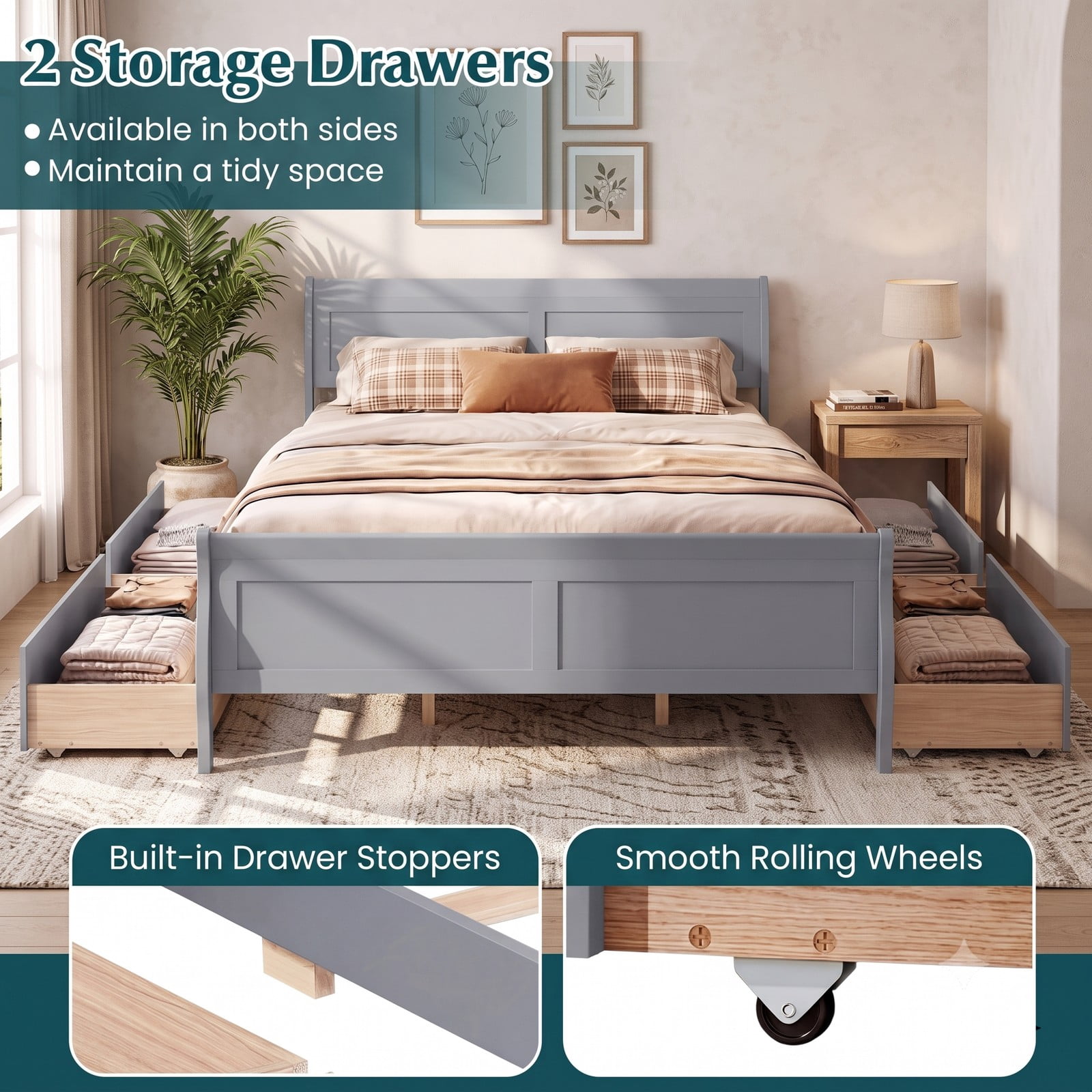 Furnibear Queen Bed Frame, Wood Bed Frame with 2 Storage Drawers Headboard and Footboard, Queen Bed Frame with Headboard for Bedroom, Gray