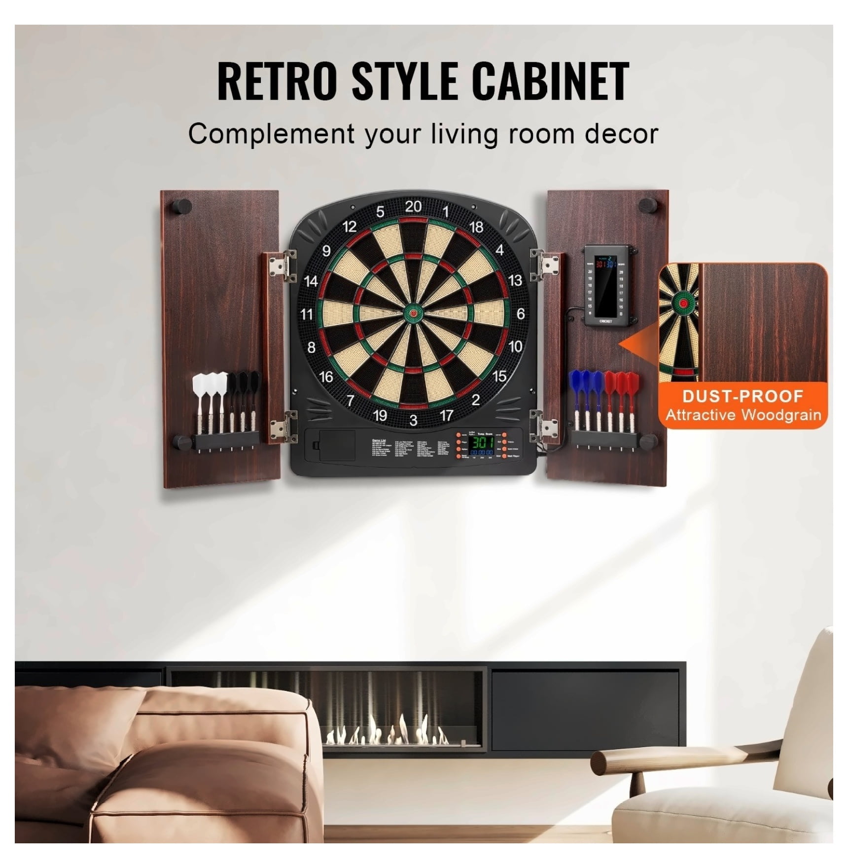 Dartboard Cabinet Set with LED Scoring - Soft Tip Darts, 40 Games, Family Fun