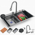 thumbnail image 2 of Fregadero Tarja de Cocina Acero Inoxidable 75×45 cm con Grifo Cascada & Extraíble, Antihuella – Incluye Tabla, Colador y Dispensador de Jabón - Negro Matte, 2 of 7