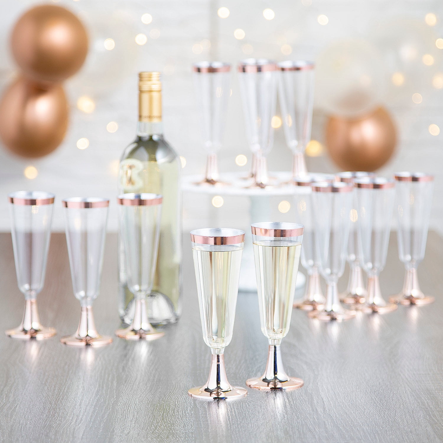 Fun Express Bulk 100 Pieces Clear Champagne Flutes with Rose Gold Trim