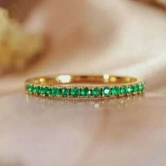 TAAPSEE JEWELS 14K Yellow Gold Plated Women's Half Eternity Band Ring Round Cut Emerald