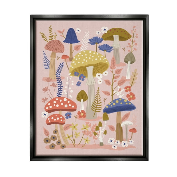 Stupell Industries Mushrooms & Botanical Pattern Botanical & Floral Painting Black Floater Framed Canvas Art Print Wall Art, 17 x 21