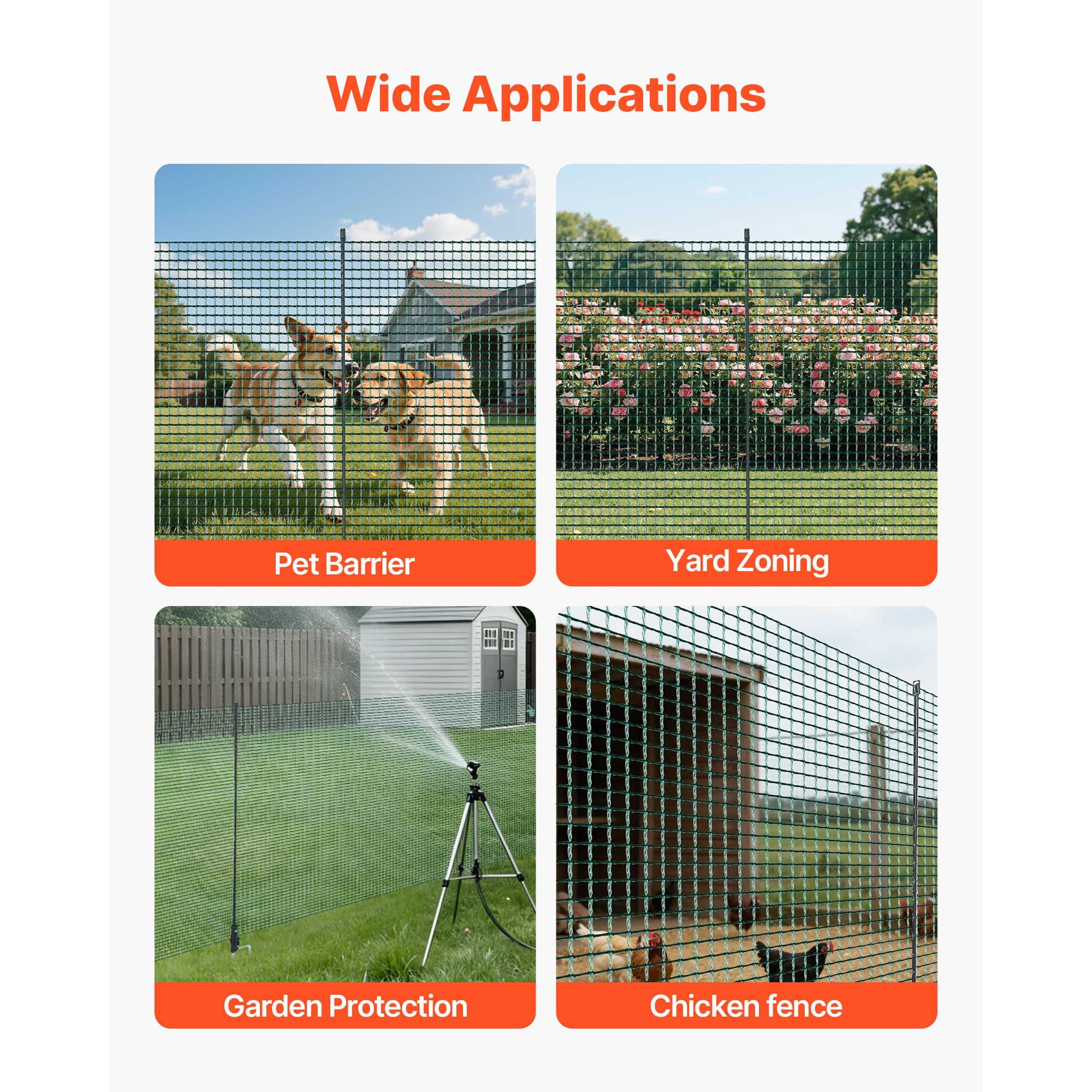 KFFKFF Temporary Fence with Posts, 3 x 98.4 FT Plastic Mesh Fencing, Garden Safety Netting with Double-Spike Stakes & Guy Ropes, Ideal for Dogs, Chickens, Plants, and Outdoor Spaces