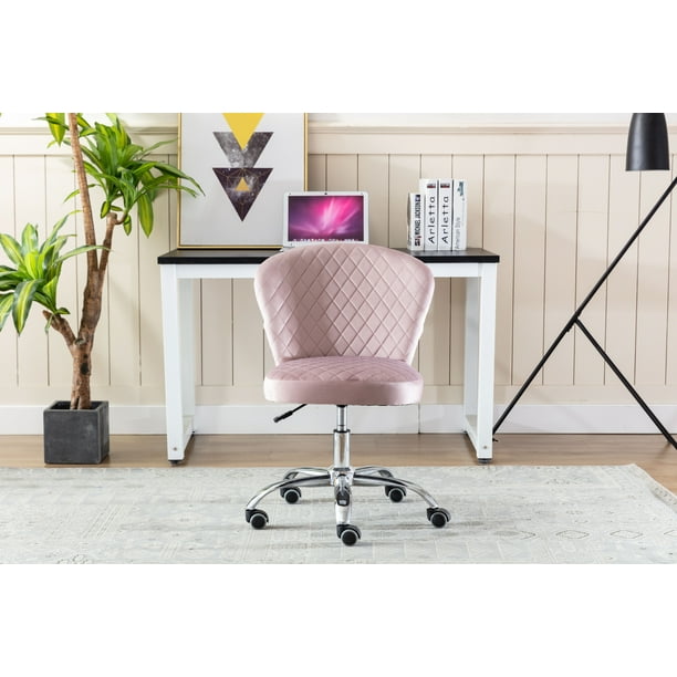 Armless Home Office Chair Upholstered Velvet Swivel Task Adjustable Vanity With Wheels Mid Back Ergonomic Executive Computer Accent Pink Com Armless Home Office Chair Upholstered, High Back Vanity Chair With Wheels