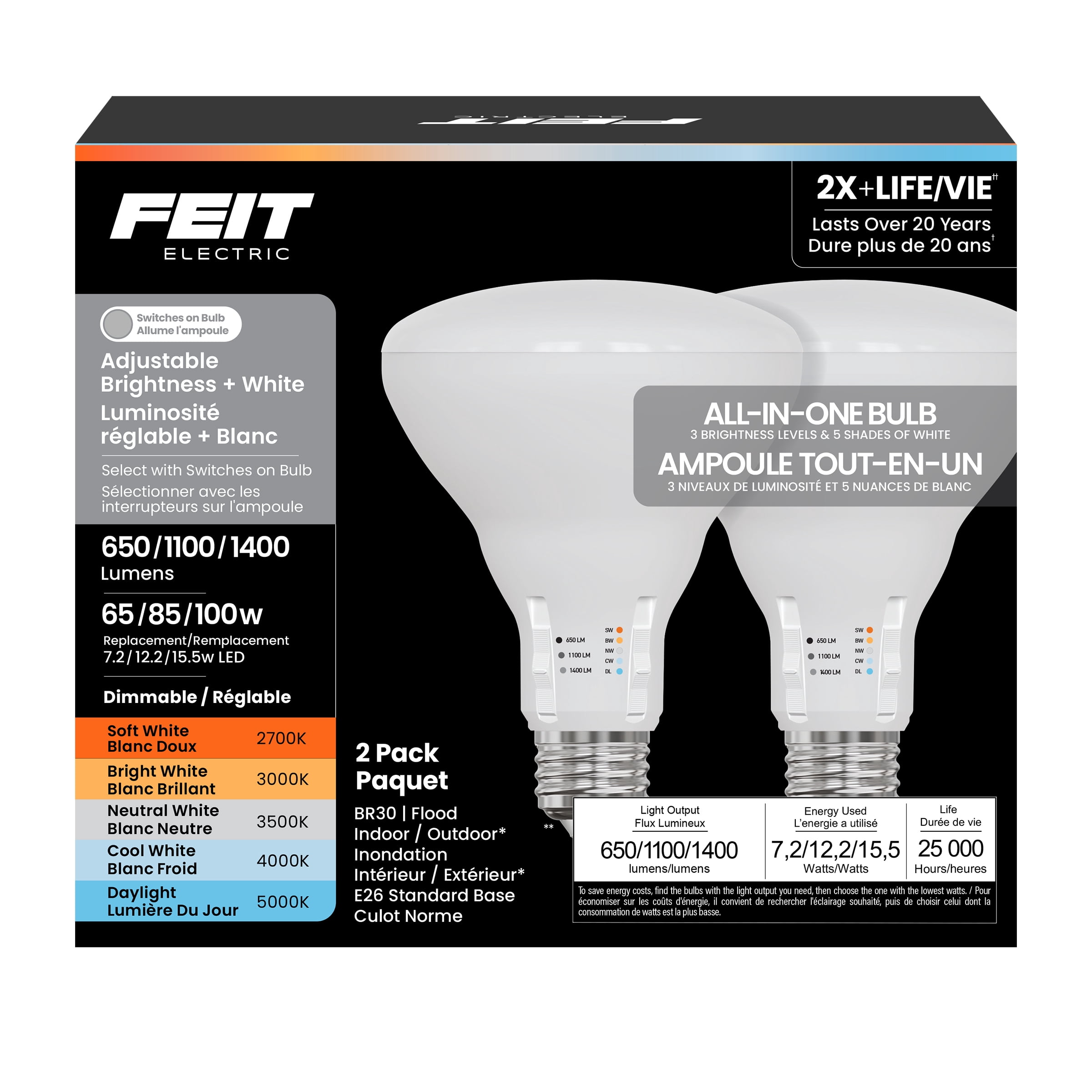 Feit Electric BR30 7.2W, 12.2W, 15.5W (65W, 85W, 100W Replacement) Adjustable Brightness, Adjustable White, Dimmable, All-in-One LED Bulb, 2-Pack