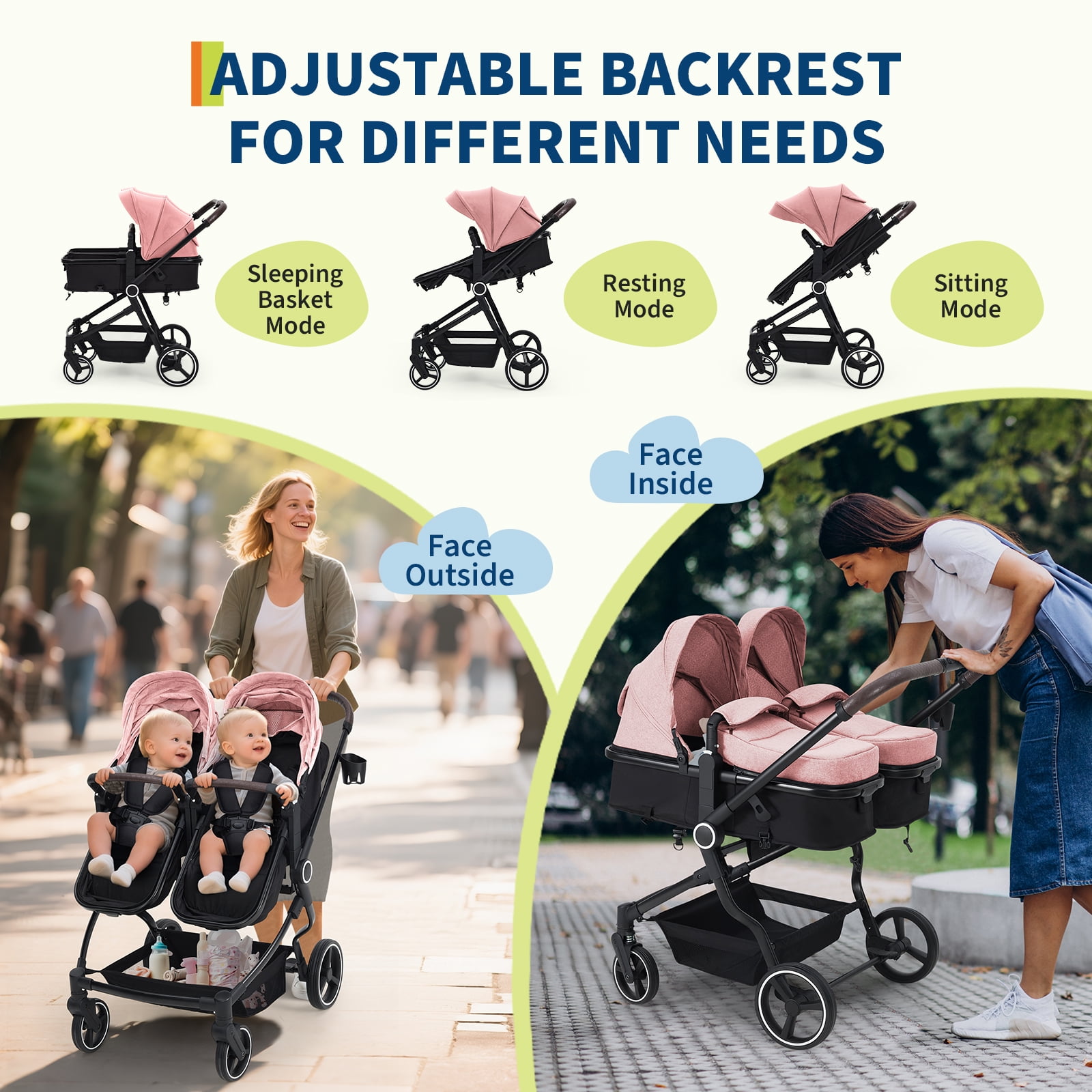 Roromall Side by Side Double Stroller for Twins, Adjustable Compact Folding Baby Travel Stroller with High Landscape Seat, Lightweight Canopy & Recline for Infant and Toddler