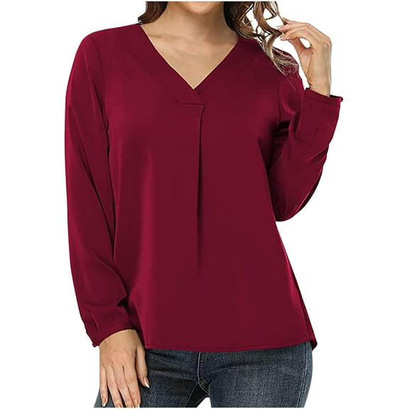 yoeyez Summer Tops for Women 2024 V Neck Work Tops For Women Formal Long Sleeve T Shirts Elegant Office Wear Solid Colors Blouses Light Thin Tunic Tees