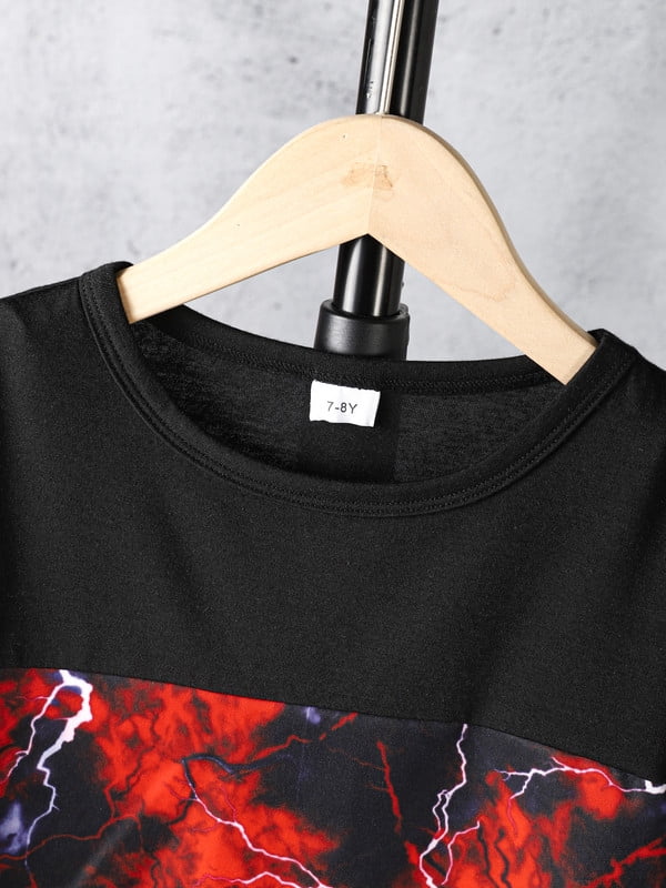 11-12 Years Big Boys Kids Boys Clothes Lightning Print Splice Summer T-shirts Elastic Shorts 2PCS Outfits Sets Black