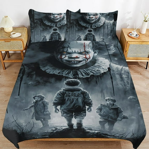 It Pennywise Horror Kids 3 Piece Bedding Set, Super Soft Printed Comforter Cover Sets with 1 Duvet Cover and 2 Pillowcase, Bedroom Decor Gifts for Boys Girls Teens Adult 86"x70"