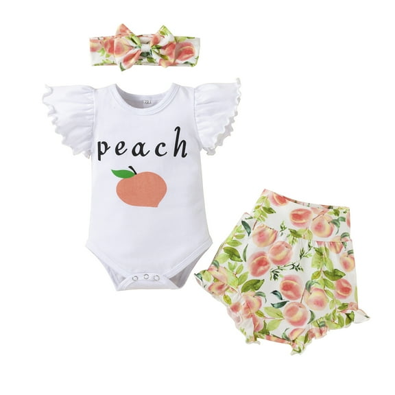 Dooleck Peach Baby Clothes Summer Outfit Ruffle Onesies Bodysuit Bloomer Shorts Set
