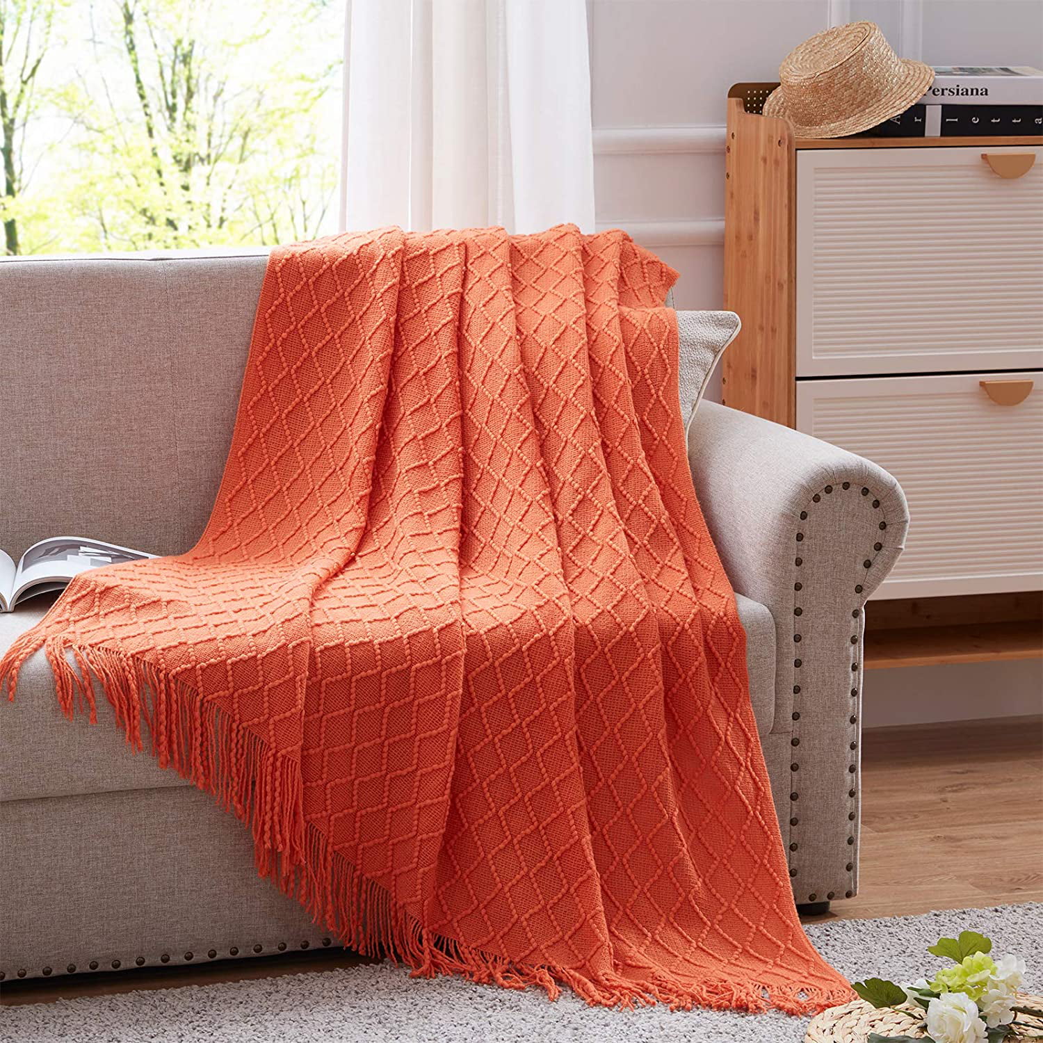 Woven Throw Blanket Orange Floral Medallion Super Soft Lightweight Blanket for Sofa Couch Decoration Throw 50 x 70 