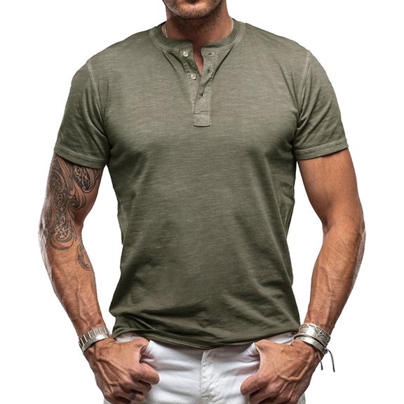JoveMarine Mens T-Shirts Short Sleeve Casual - Basic Summer Button Lightweight Stretch, Shirts for Men Solid Henley Tee, Mens Shirts for Daily Comfort,Army Green L