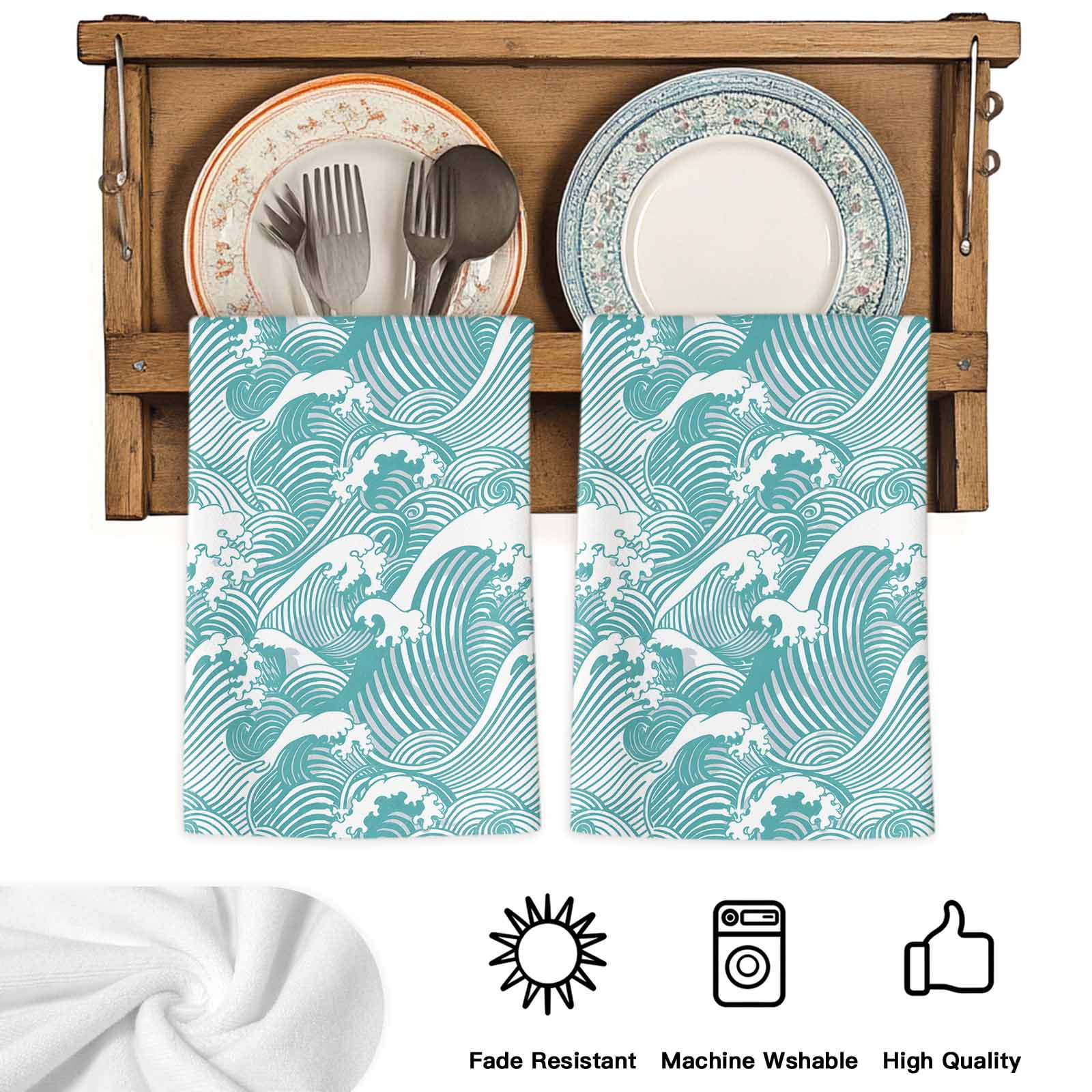 Dish Towels, Turquoise Waves Absorbent Kitchen Towels 2 PCS, Ocean Lines Stripes Microfiber Hand Towels Dish Cloths Tea Towels for Home&nbsp;Bathroom Cleaning Drying,18X28-Inch,