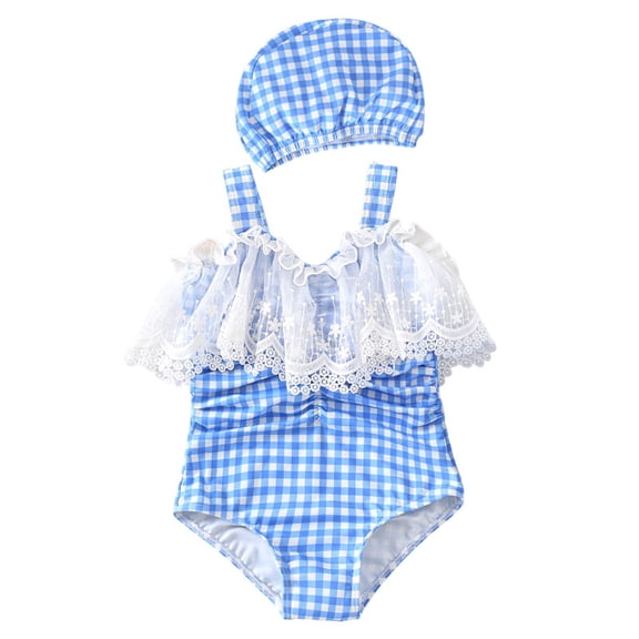 MEZZALL Summer Toddler Kids Baby Girls Swimsuit Plaid Pattern With Embroidery And Lace Trim Swimwear Bathing Suit Resort With Cartoon / Flower Print Beachwear