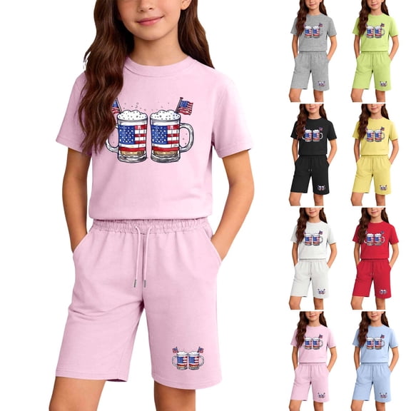 ZVAVZ Kids 4th of July Outfits 2 Piece Set for Girls Boys American Flag Shirt and Shorts Independence Day Patriotic Outfit Sets Pink 5 Years