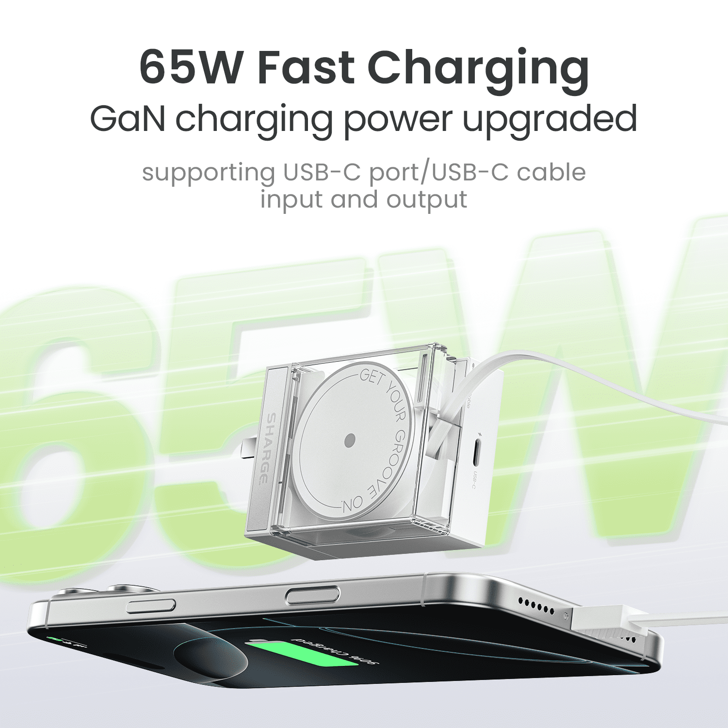 SHARGE Retractable 65W USB C Charger, GaN Power Wall Charger with Retractable Cable, 2 Devices PD Fast Charging for Laptops, Phones,Pads Black