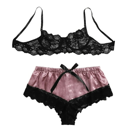 

ZMHEGW Women Underwear Seamless Three Point Lingerie Lace Boxer Pants Set With Steel Ring Gathered Bow Bra Underwear For Womens