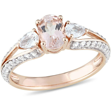 Tangelo 1-1/2 Carat T.G.W. Morganite and White Topaz 10kt Rose Gold Three-Stone Engagement Ring