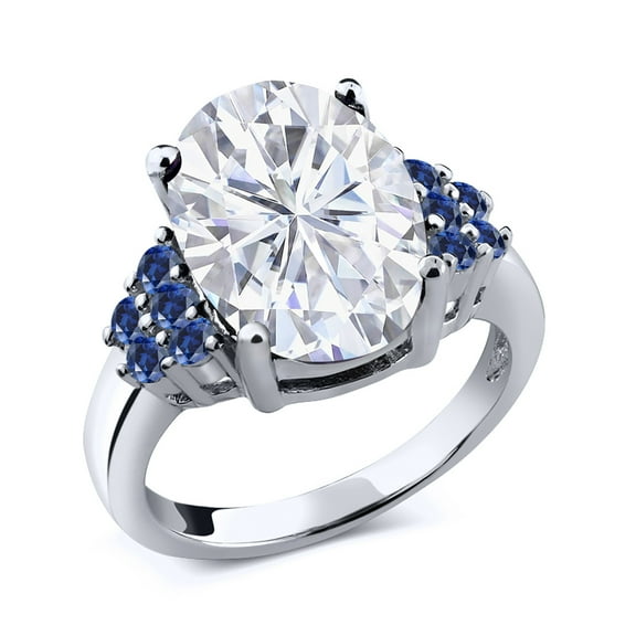 Gem Stone King 925 Sterling Silver Blue Created Sapphire Ring Set with Moissanite (5.60 Cttw) (Size 6)