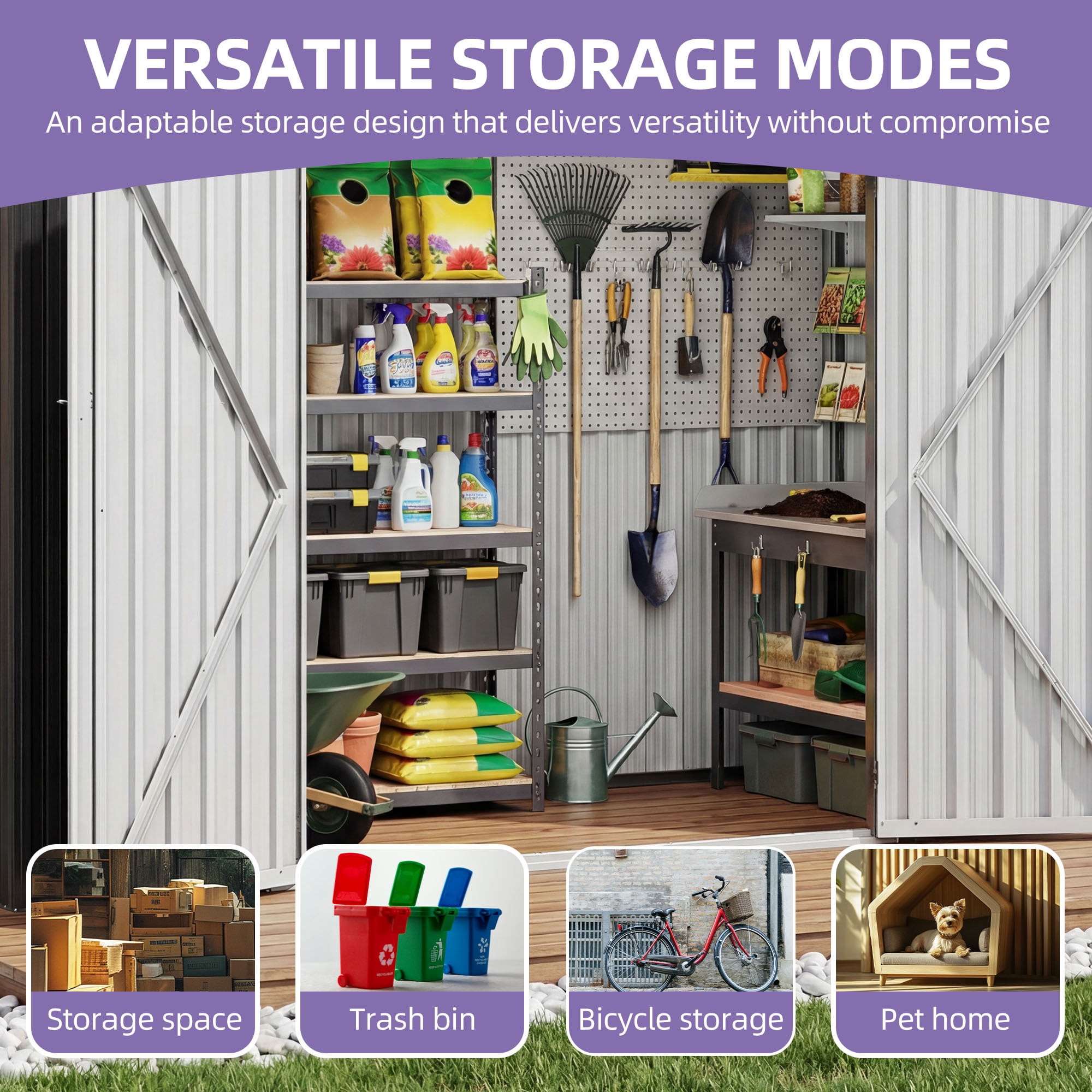 Uforic 8.5' x 3.5' Oversized Steel Outdoor Storage Shed, Heavy-Duty Tool Shed with Lockable Doors and Sloped Roof, Multipurpose Storage for Garden Patio Garage Backyard Lawn, Dark Gray