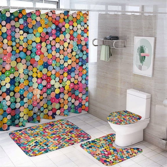 4 Piece Shower Curtain Sets Bathroom Shower Curtain Set with Rugs Colorful Circles in A Grid Waterproof Shower Curtain Watercolor Polka Dot Circles Rainbow Colorful for Bathroom Decor Set