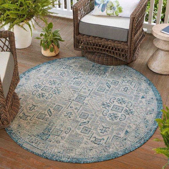 Unique Loom Outdoor Aztec Collection Area Rug - Coba (5' 3" Round Teal/Ivory)