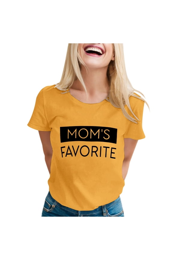 Women's Funny Family Humor Short Sleeve T Shirts for Women Mom's Favorite Day Cute Tops Casual Round Neck Graphic Tee Yellow_001,M