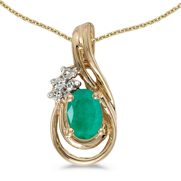 10k Yellow Gold Oval Emerald And Diamond Teardrop Pendant with 18" Chain