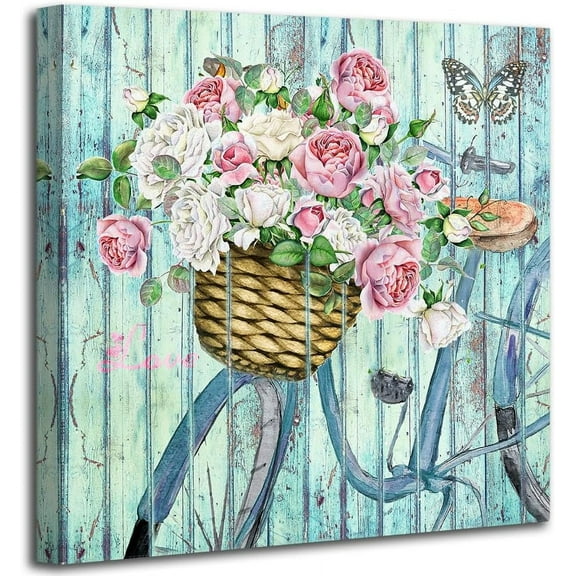 Bathroom Rustic Floral Print Wall Art Flowers Bicycle and Butterfly Canvas Painting, Vintage Scenery Aqua Picture Artwork Framed for Living Room Bedroom Kitchen Office Home Decor 14"x14"