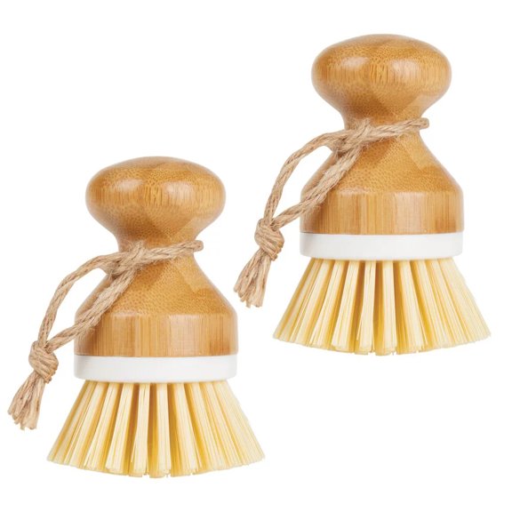 Bamboo Non-Scratch Scrub Cleaning Brush, Dishes Scrubber for Kitchen, Bathroom - Perfect for Cleaning Heavy Duty Pot and Pan, - 2 Pack - White/Natural