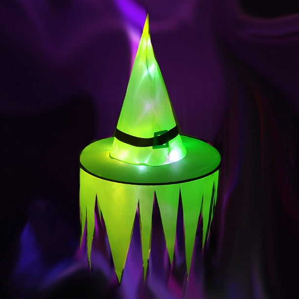 Sombrero con luces LED para vacaciones de Halloween que brilla intensamente, se puede usar en la cabeza o como colgante, sombrero de bruja, Kits de decoración para fiestas Zigzag verde más luz Inteprter HA007401-05