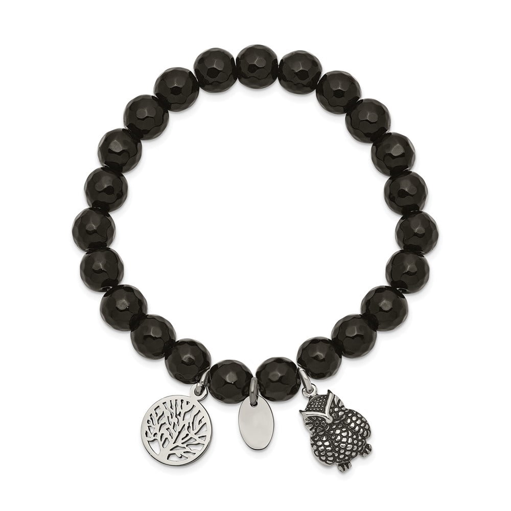 Diamond2Deal Stainless Steel Owl and Tree of Life 8mm Black Jade Beaded Stretch Bracelet for Women 6.25"