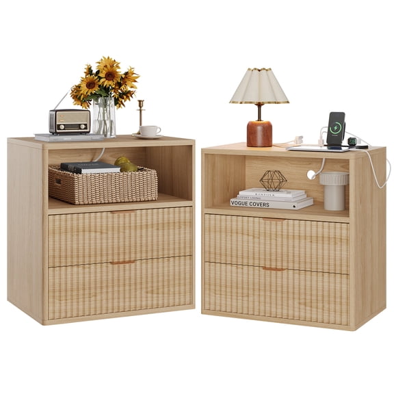2 Drawers Fluted Nightstand Set of 2, Mid Century Modern Night Stand with Charging Station, Wood Side Table Set for Bedroom Sofa Home Office, Oak