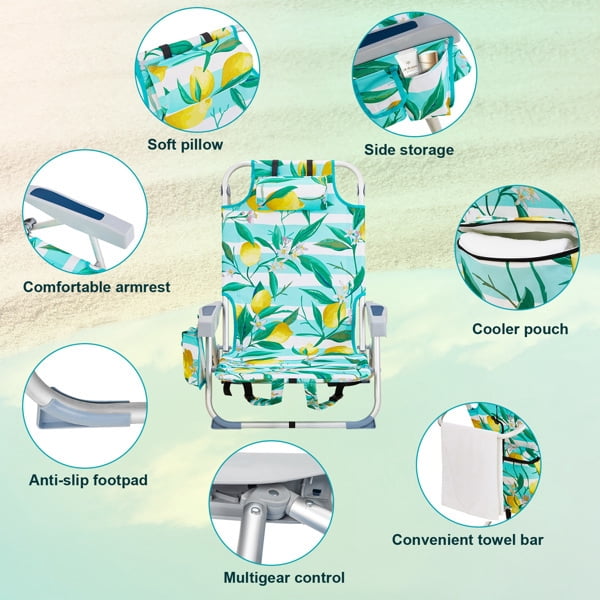 Alvantor 5-Position Folding Beach Chair with Aluminum Frame, Pillow, Cup Holder and Storage Pouch, Lemon