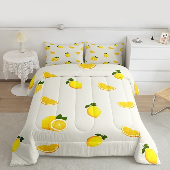 Feelyou Yellow Lemon Child Full Size Comforter Sets, Cartoon Fresh Fruit Bedding Comforter Set, Yummy Food Bedding Sets, Lightweight Room Decor, 3 Pieces